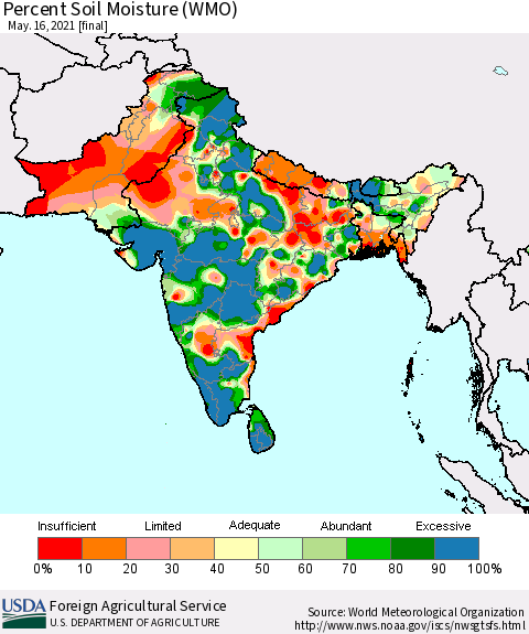 Southern Asia Percent Soil Moisture (WMO) Thematic Map For 5/10/2021 - 5/16/2021