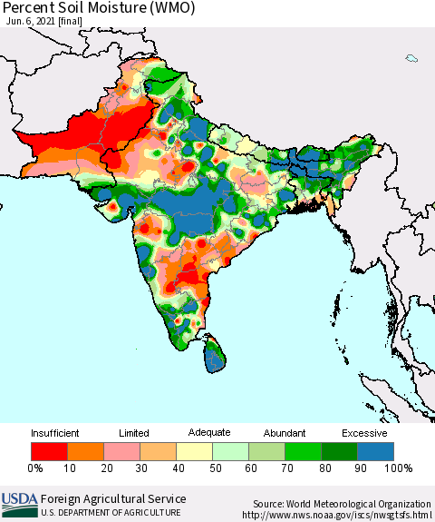 Southern Asia Percent Soil Moisture (WMO) Thematic Map For 5/31/2021 - 6/6/2021