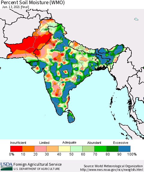 Southern Asia Percent Soil Moisture (WMO) Thematic Map For 6/7/2021 - 6/13/2021