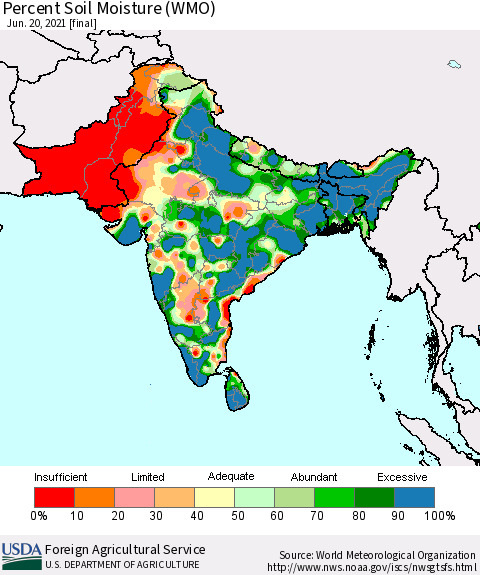 Southern Asia Percent Soil Moisture (WMO) Thematic Map For 6/14/2021 - 6/20/2021