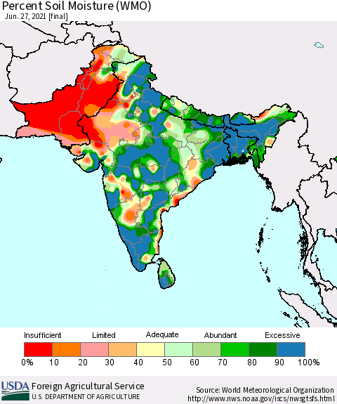 Southern Asia Percent Soil Moisture (WMO) Thematic Map For 6/21/2021 - 6/27/2021