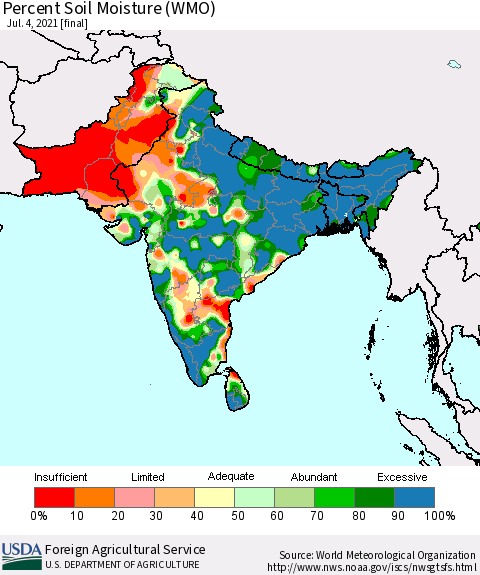 Southern Asia Percent Soil Moisture (WMO) Thematic Map For 6/28/2021 - 7/4/2021