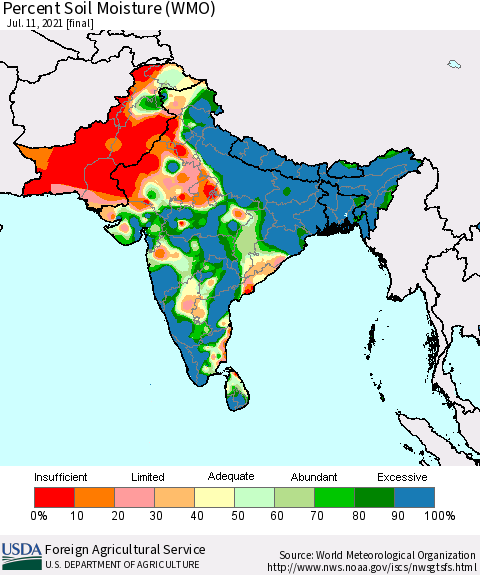 Southern Asia Percent Soil Moisture (WMO) Thematic Map For 7/5/2021 - 7/11/2021