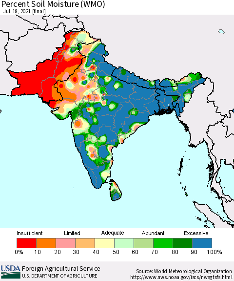 Southern Asia Percent Soil Moisture (WMO) Thematic Map For 7/12/2021 - 7/18/2021