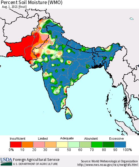 Southern Asia Percent Soil Moisture (WMO) Thematic Map For 7/26/2021 - 8/1/2021