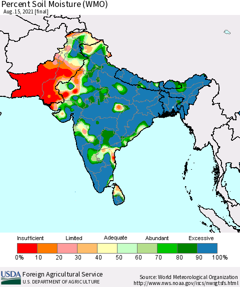 Southern Asia Percent Soil Moisture (WMO) Thematic Map For 8/9/2021 - 8/15/2021