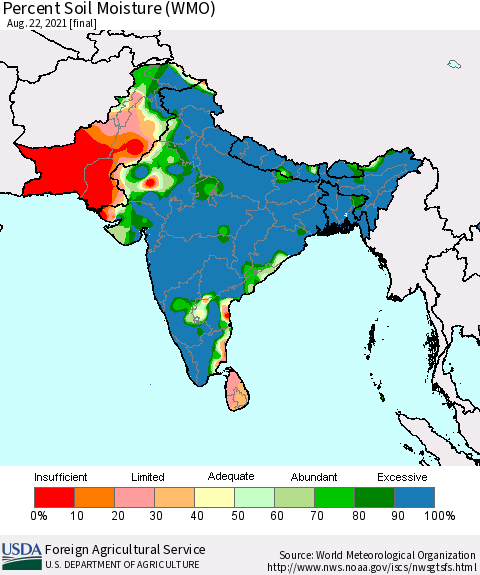 Southern Asia Percent Soil Moisture (WMO) Thematic Map For 8/16/2021 - 8/22/2021
