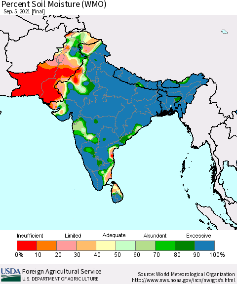 Southern Asia Percent Soil Moisture (WMO) Thematic Map For 8/30/2021 - 9/5/2021