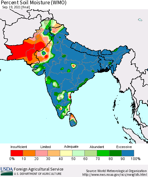 Southern Asia Percent Soil Moisture (WMO) Thematic Map For 9/13/2021 - 9/19/2021