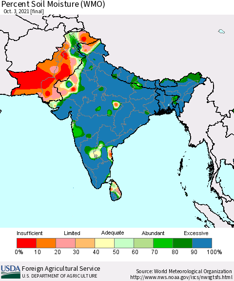 Southern Asia Percent Soil Moisture (WMO) Thematic Map For 9/27/2021 - 10/3/2021