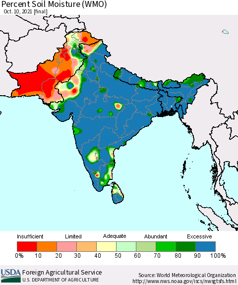 Southern Asia Percent Soil Moisture (WMO) Thematic Map For 10/4/2021 - 10/10/2021