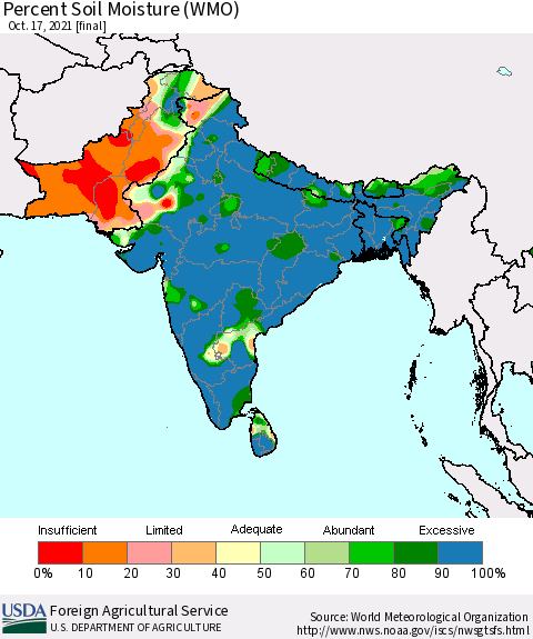 Southern Asia Percent Soil Moisture (WMO) Thematic Map For 10/11/2021 - 10/17/2021