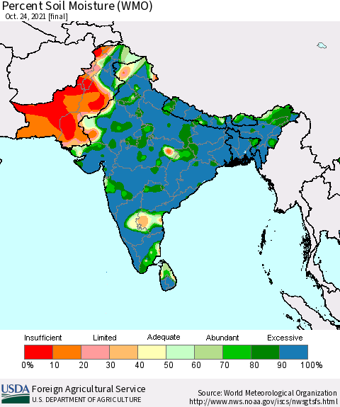 Southern Asia Percent Soil Moisture (WMO) Thematic Map For 10/18/2021 - 10/24/2021