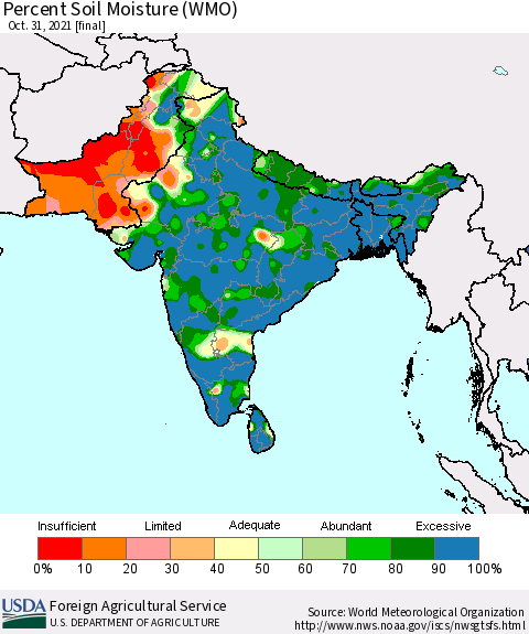 Southern Asia Percent Soil Moisture (WMO) Thematic Map For 10/25/2021 - 10/31/2021