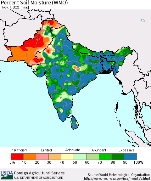 Southern Asia Percent Soil Moisture (WMO) Thematic Map For 11/1/2021 - 11/7/2021