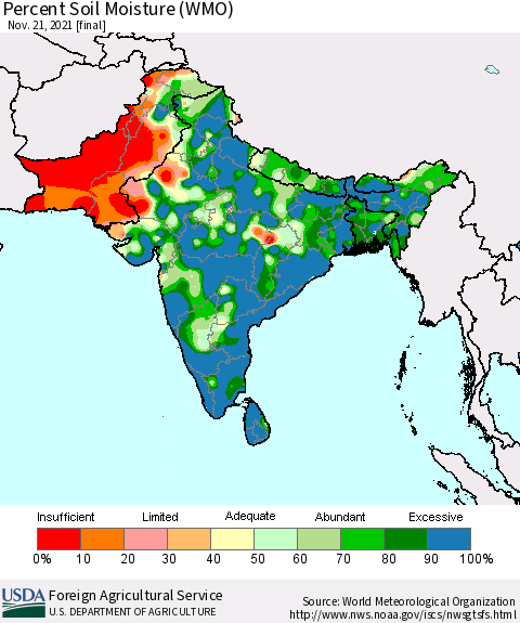 Southern Asia Percent Soil Moisture (WMO) Thematic Map For 11/15/2021 - 11/21/2021