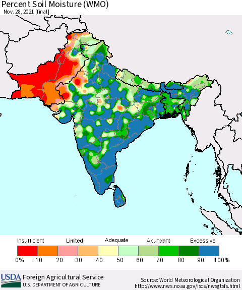 Southern Asia Percent Soil Moisture (WMO) Thematic Map For 11/22/2021 - 11/28/2021