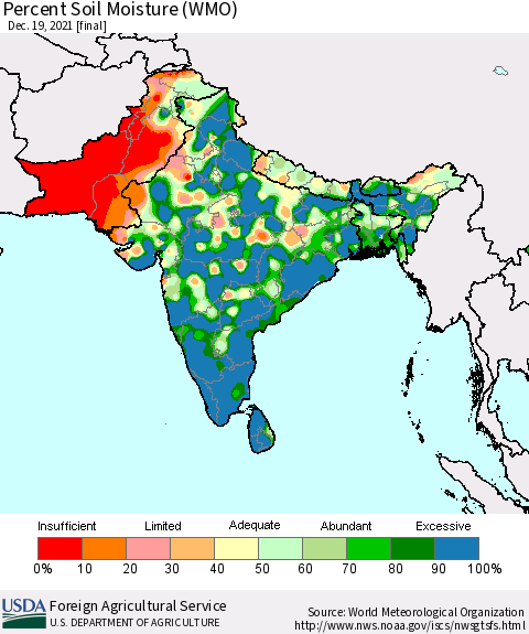 Southern Asia Percent Soil Moisture (WMO) Thematic Map For 12/13/2021 - 12/19/2021