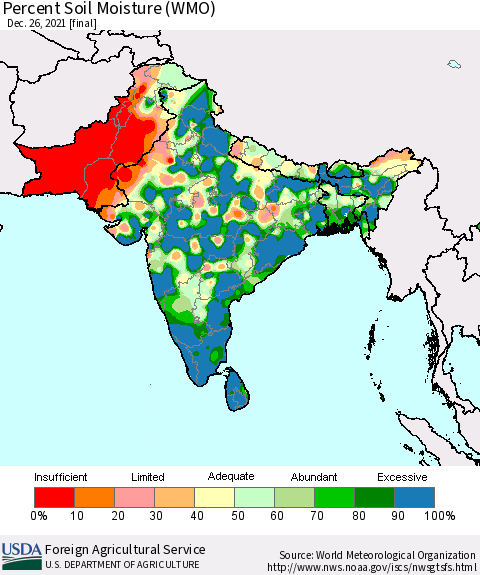 Southern Asia Percent Soil Moisture (WMO) Thematic Map For 12/20/2021 - 12/26/2021