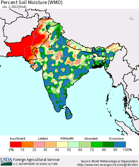 Southern Asia Percent Soil Moisture (WMO) Thematic Map For 12/27/2021 - 1/2/2022