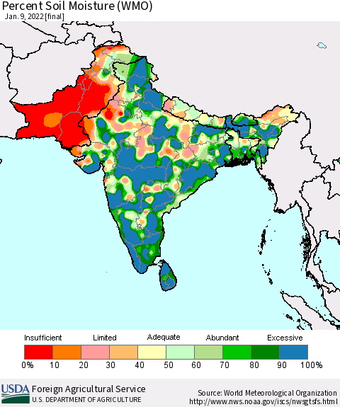 Southern Asia Percent Soil Moisture (WMO) Thematic Map For 1/3/2022 - 1/9/2022