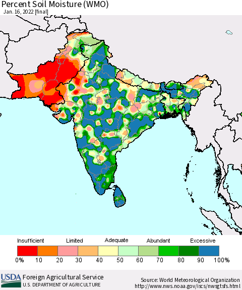 Southern Asia Percent Soil Moisture (WMO) Thematic Map For 1/10/2022 - 1/16/2022