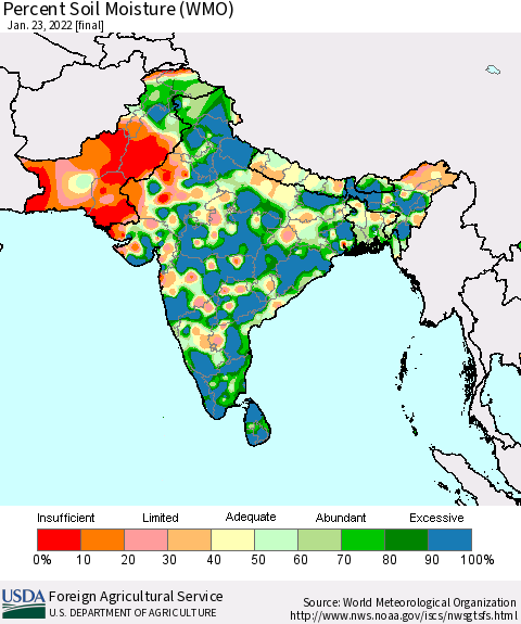 Southern Asia Percent Soil Moisture (WMO) Thematic Map For 1/17/2022 - 1/23/2022