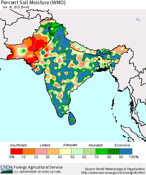 Southern Asia Percent Soil Moisture (WMO) Thematic Map For 1/24/2022 - 1/30/2022