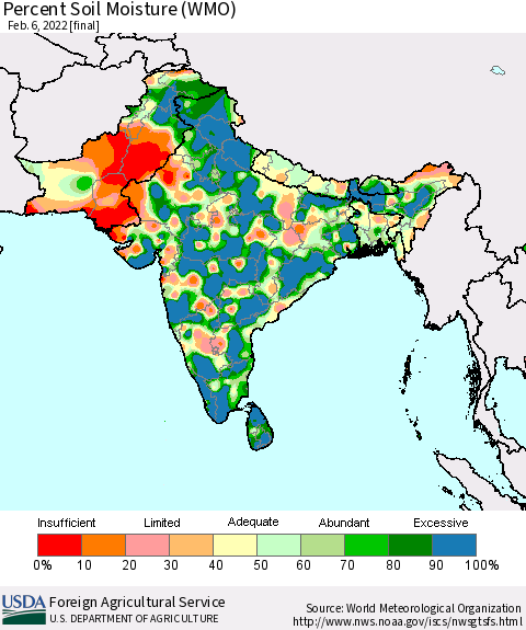 Southern Asia Percent Soil Moisture (WMO) Thematic Map For 1/31/2022 - 2/6/2022