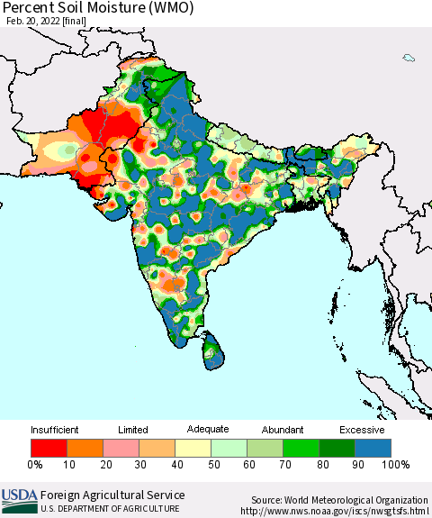 Southern Asia Percent Soil Moisture (WMO) Thematic Map For 2/14/2022 - 2/20/2022