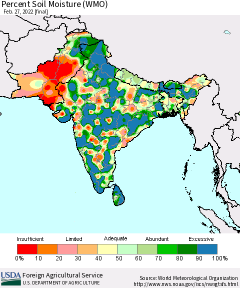 Southern Asia Percent Soil Moisture (WMO) Thematic Map For 2/21/2022 - 2/27/2022