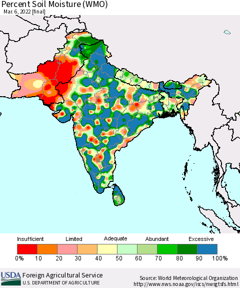 Southern Asia Percent Soil Moisture (WMO) Thematic Map For 2/28/2022 - 3/6/2022