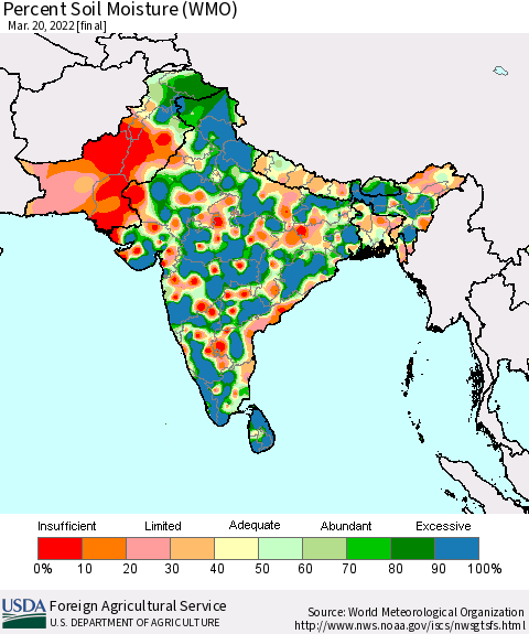 Southern Asia Percent Soil Moisture (WMO) Thematic Map For 3/14/2022 - 3/20/2022