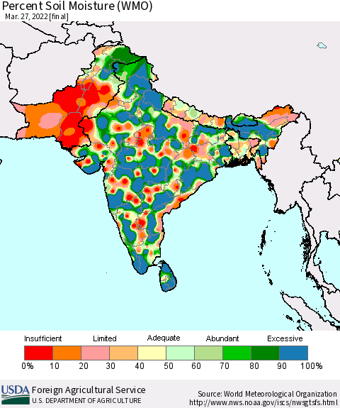Southern Asia Percent Soil Moisture (WMO) Thematic Map For 3/21/2022 - 3/27/2022