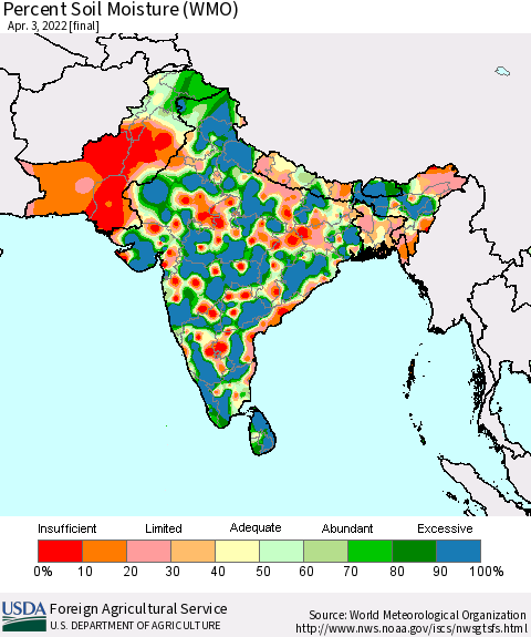 Southern Asia Percent Soil Moisture (WMO) Thematic Map For 3/28/2022 - 4/3/2022