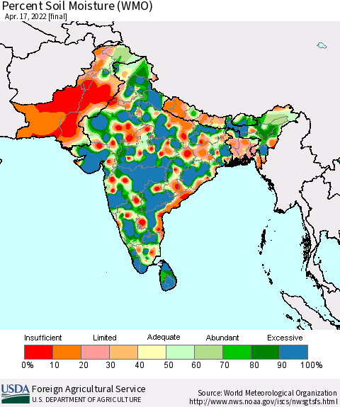 Southern Asia Percent Soil Moisture (WMO) Thematic Map For 4/11/2022 - 4/17/2022