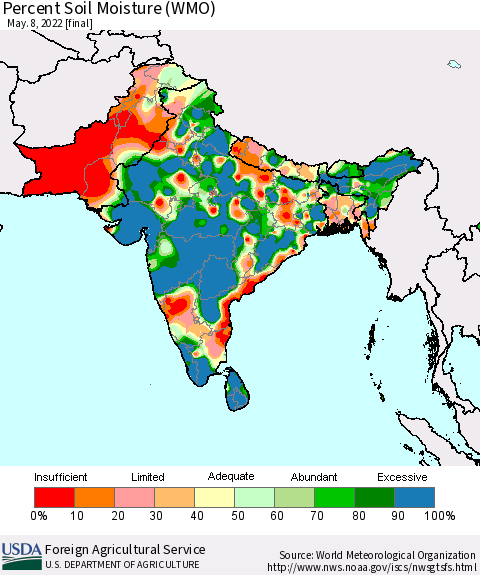 Southern Asia Percent Soil Moisture (WMO) Thematic Map For 5/2/2022 - 5/8/2022