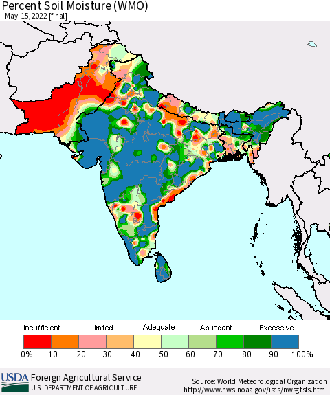 Southern Asia Percent Soil Moisture (WMO) Thematic Map For 5/9/2022 - 5/15/2022