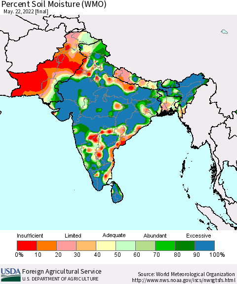 Southern Asia Percent Soil Moisture (WMO) Thematic Map For 5/16/2022 - 5/22/2022