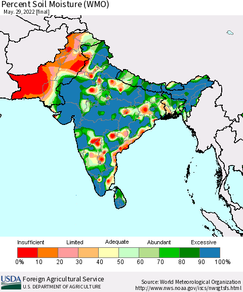 Southern Asia Percent Soil Moisture (WMO) Thematic Map For 5/23/2022 - 5/29/2022