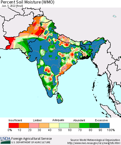 Southern Asia Percent Soil Moisture (WMO) Thematic Map For 5/30/2022 - 6/5/2022