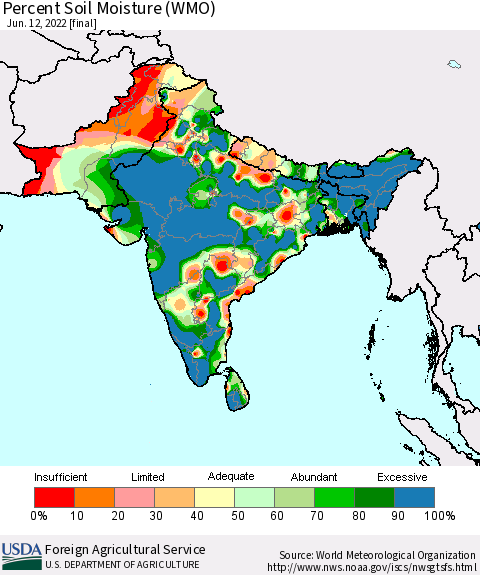 Southern Asia Percent Soil Moisture (WMO) Thematic Map For 6/6/2022 - 6/12/2022