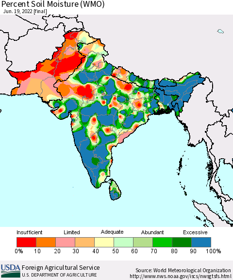 Southern Asia Percent Soil Moisture (WMO) Thematic Map For 6/13/2022 - 6/19/2022