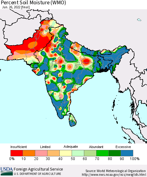 Southern Asia Percent Soil Moisture (WMO) Thematic Map For 6/20/2022 - 6/26/2022