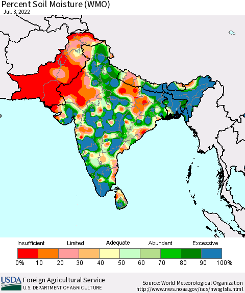 Southern Asia Percent Soil Moisture (WMO) Thematic Map For 6/27/2022 - 7/3/2022
