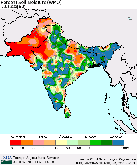 Southern Asia Percent Soil Moisture (WMO) Thematic Map For 6/27/2022 - 7/3/2022
