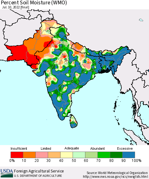 Southern Asia Percent Soil Moisture (WMO) Thematic Map For 7/4/2022 - 7/10/2022