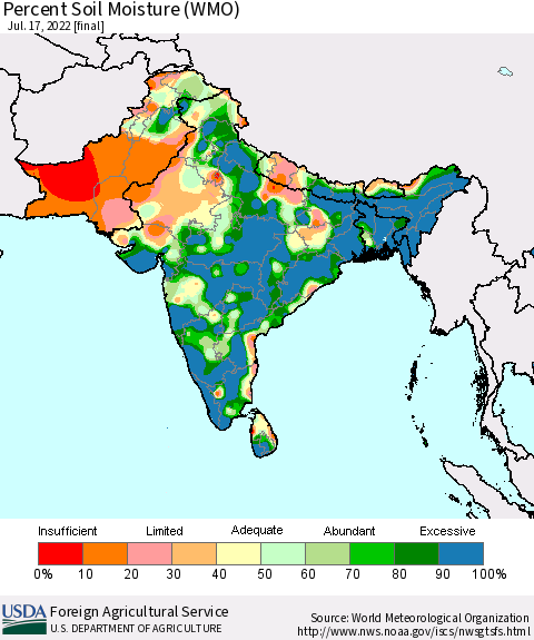 Southern Asia Percent Soil Moisture (WMO) Thematic Map For 7/11/2022 - 7/17/2022