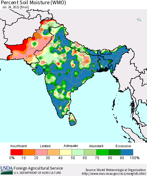Southern Asia Percent Soil Moisture (WMO) Thematic Map For 7/18/2022 - 7/24/2022