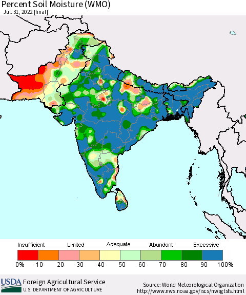 Southern Asia Percent Soil Moisture (WMO) Thematic Map For 7/25/2022 - 7/31/2022